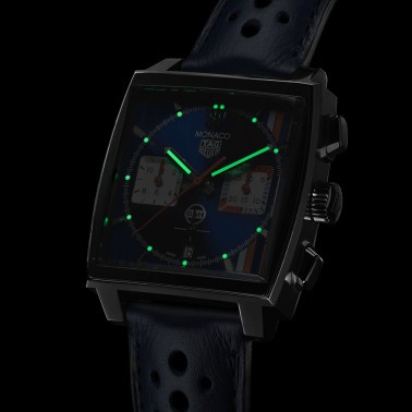 Montre TAG Heuer Monaco Gulf Edition Spéciale automatique cadran bleu bracelet cuir bleu 39 mm CBL2115.FC6494