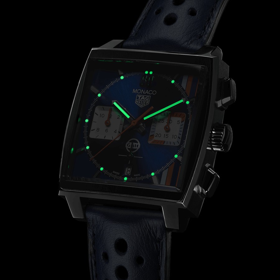 Montre TAG Heuer Monaco Gulf Edition Spéciale automatique cadran bleu bracelet cuir bleu 39 mm CBL2115.FC6494
