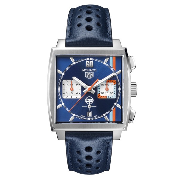 Montre TAG Heuer Monaco Gulf Edition Spéciale automatique cadran bleu bracelet cuir bleu 39 mm