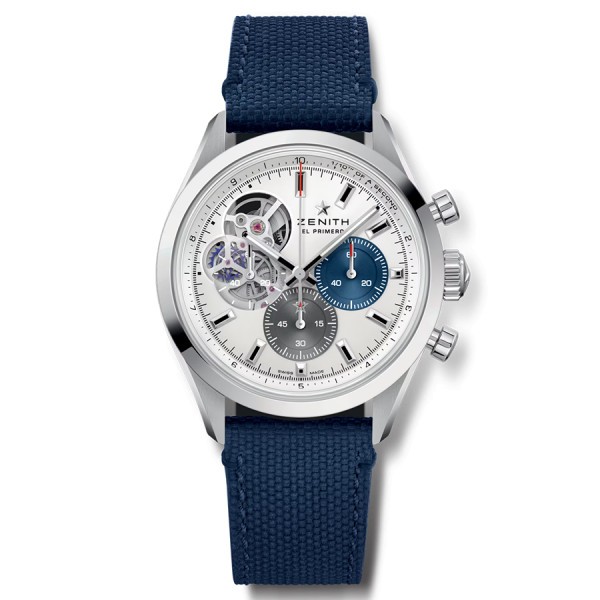 Montre Zenith Chronomaster Open automatique cadran argenté bracelet tissu bleu 40 mm