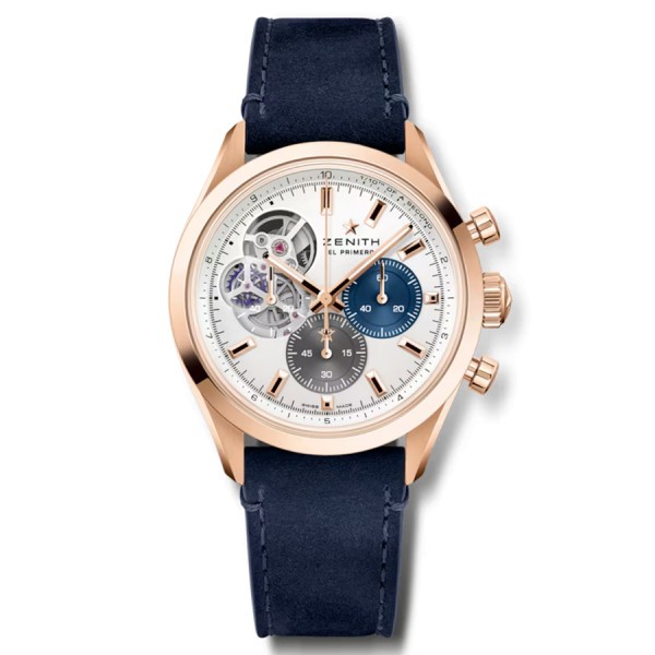 Montre Zenith Chronomaster Open Or Rose automatique cadran argenté bracelet cuir bleu 40 mm