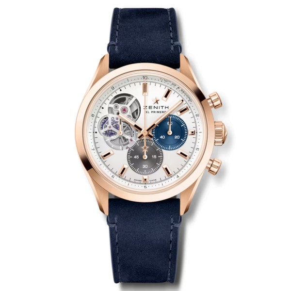 Zenith Chronomaster Open Rose Gold automatic watch silver dial blue leather strap 41 mm