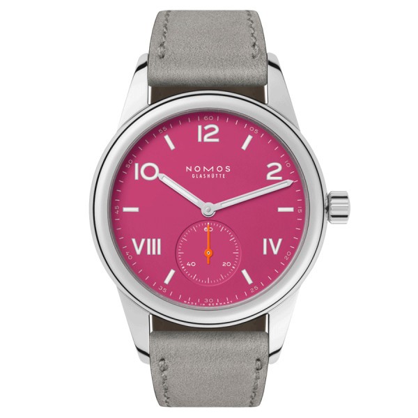 Montre NOMOS Club Campus Deep Pink mécanique cadran rose bracelet cuir gris 36 mm 711