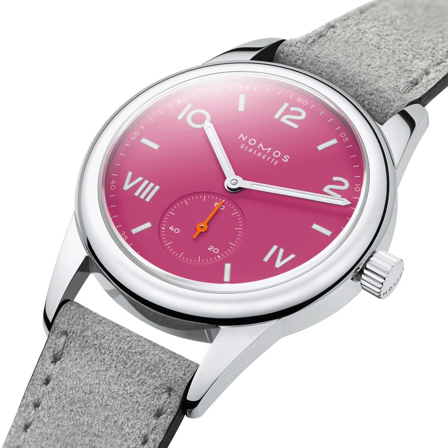 Montre NOMOS Club Campus Deep Pink mécanique cadran rose bracelet cuir gris 36 mm 711