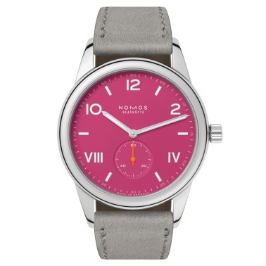 Montre NOMOS Club Campus 38 Deep Pink mécanique cadran rose bracelet cuir gris 38 mm