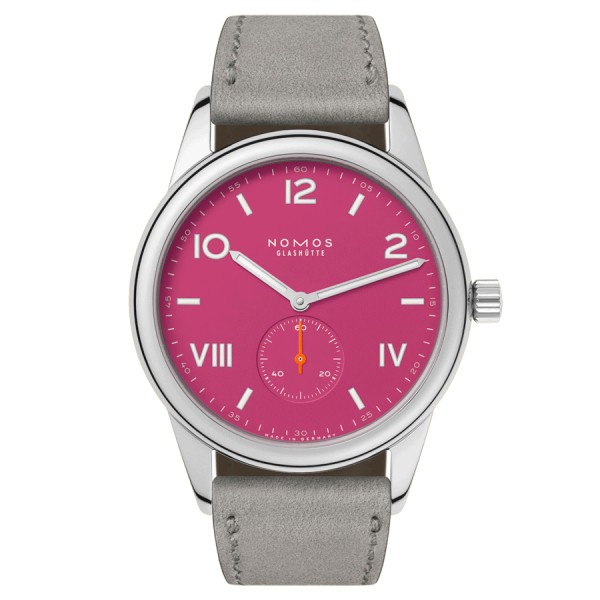 Montre NOMOS Club Campus 38 Deep Pink mécanique cadran rose bracelet cuir gris 38 mm 728