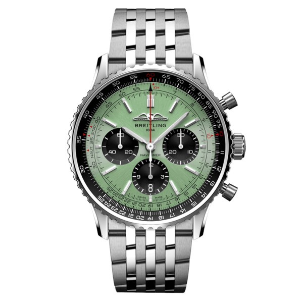Breitling Navitimer automatic watch B01 Chronograph mint green dial steel bracelet 43 mm AB0138241L1A1