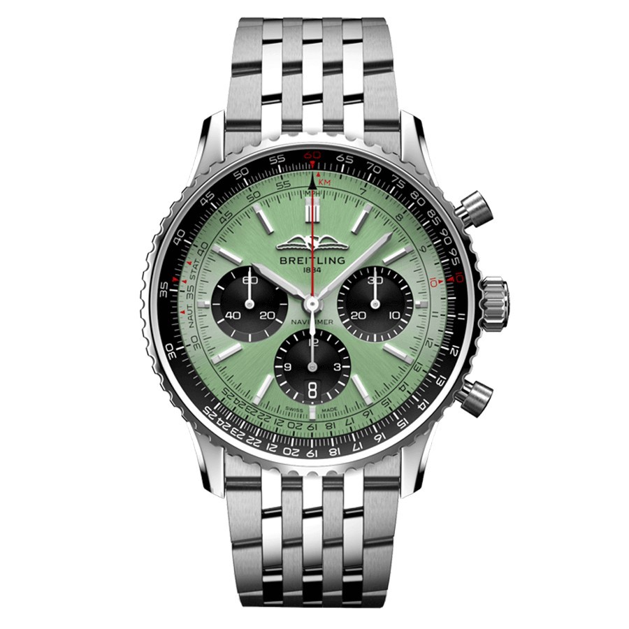 Breitling Navitimer automatic watch B01 Chronograph mint green dial steel bracelet 43 mm AB0138241L1A1