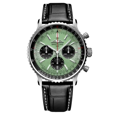 Breitling Navitimer automatic watch B01 Chronograph mint green dial black leather strap 43 mm AB0138241L1P1