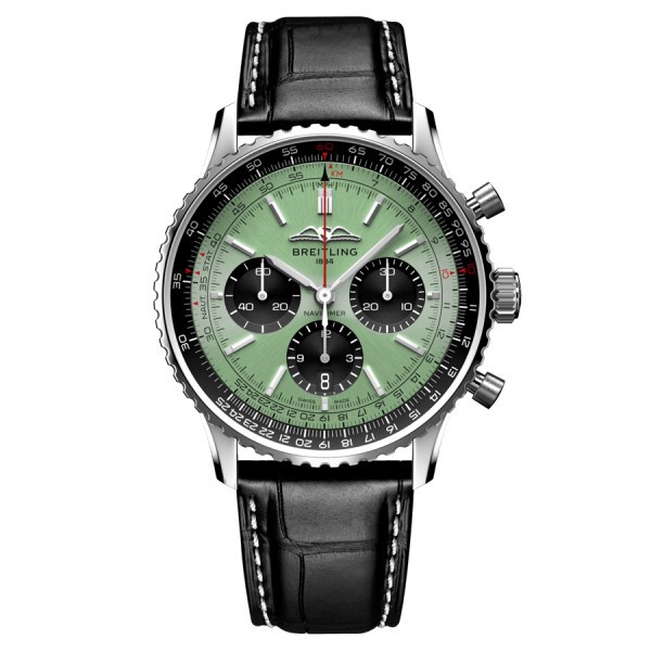 Breitling Navitimer automatic watch B01 Chronograph mint green dial black leather strap 43 mm AB0138241L1P1
