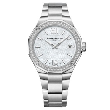 Montre Baume et Mercier Riviera quartz lunette sertie cadran nacre blanche bracelet acier 36 mm 10662