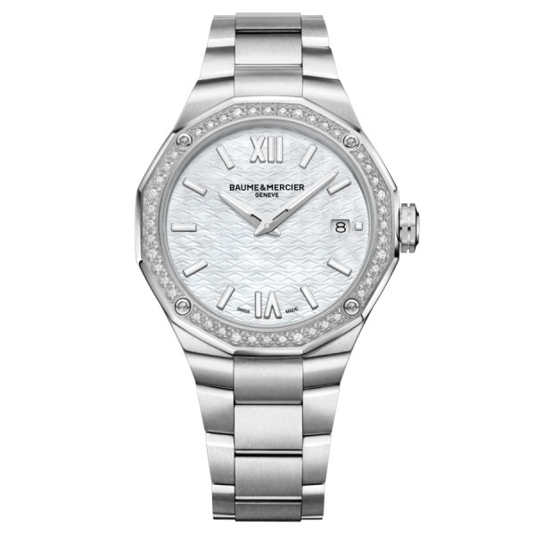 Montre Baume et Mercier Riviera quartz lunette sertie cadran nacre blanche bracelet acier 36 mm 10662