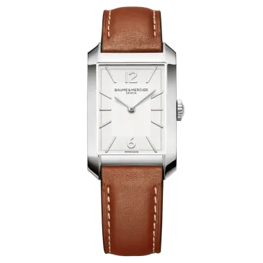 Montre Baume et Mercier Hampton quartz cadran blanc bracelet cuir marron 43 x 27,5 mm