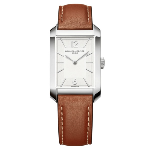 Montre Baume et Mercier Hampton quartz cadran blanc bracelet cuir marron 43 x 27,5 mm