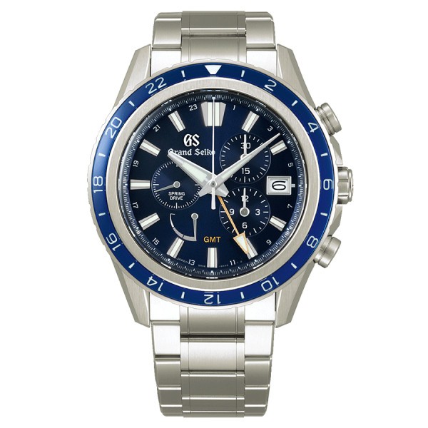 Grand Seiko Evolution 9 Chronograph GMT Titanium Spring Drive watch blue dial titanium bracelet 45,3 mm