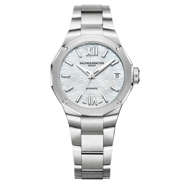 Montre Baume et Mercier Riviera automatique lunette sertie cadran nacre blanche bracelet acier 33 mm 10676