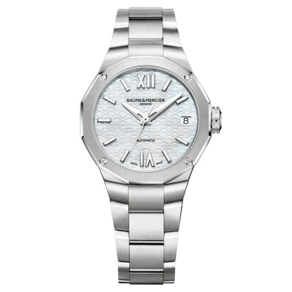Watch Baume et Mercier Riviera automatic set bezel white mother-of-pearl dial steel bracelet 33 mm 10676