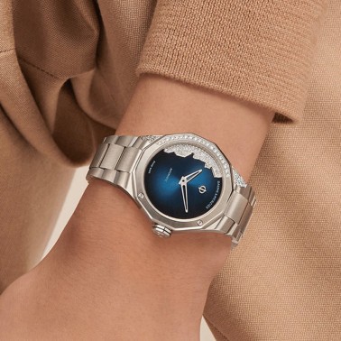 Montre Baume et Mercier Riviera automatique sertie de diamants cadran bleu bracelet acier 33 mm 10677