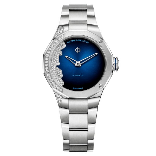 Montre Baume et Mercier Riviera automatique sertie de diamants cadran bleu bracelet acier 33 mm 10677