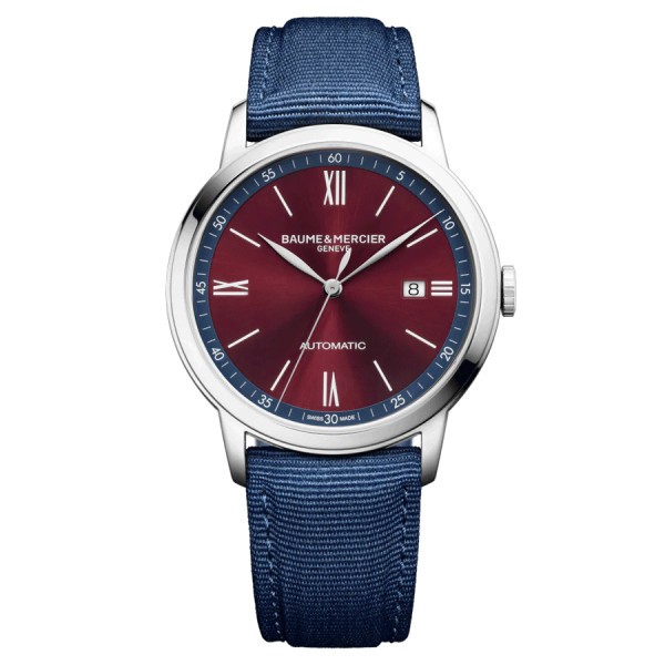 Montre Baume et Mercier Classima automatique cadran bordeaux bracelet toile bleu 42 mm 10694