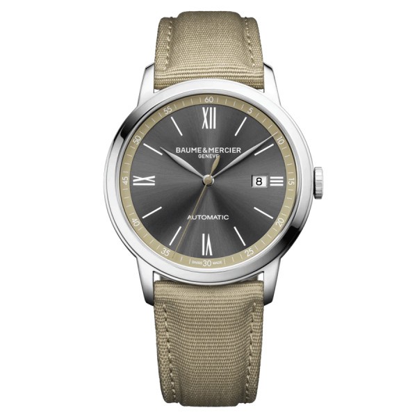 Baume et Mercier Classima automatic watch grey dial beige canvas strap 42 mm 10695