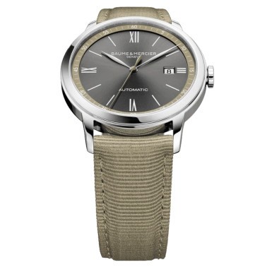 Montre Baume et Mercier Classima automatique cadran gris bracelet toile beige 42 mm 10695