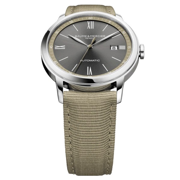 Montre Baume et Mercier Classima automatique cadran gris bracelet toile beige 42 mm 10695