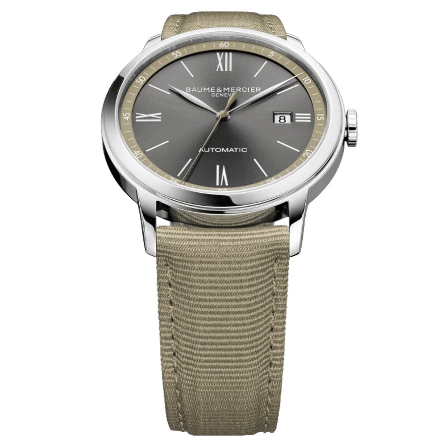 Montre Baume et Mercier Classima automatique cadran gris bracelet toile beige 42 mm 10695