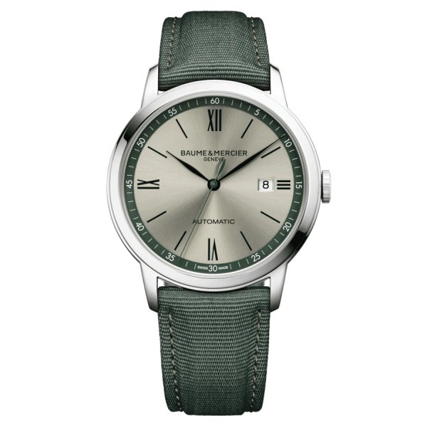 Baume et Mercier Classima automatic watch silver dial green canvas strap 42 mm 10696