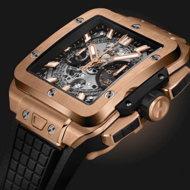 Montre Hublot Square Bang Unico King Gold automatique cadran squelette bracelet caoutchouc noir 42 mm