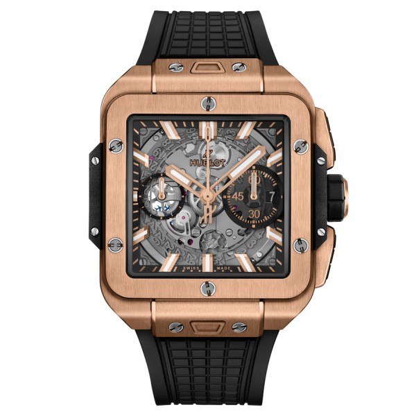 Montre Hublot Square Bang Unico King Gold automatique cadran squelette bracelet caoutchouc noir 42 mm