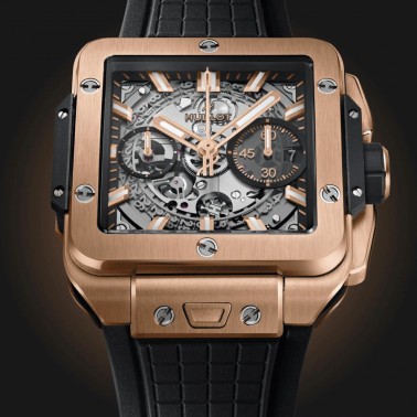 Hublot Square Bang Unico King Gold automatic watch skeleton dial black rubber strap 42 mm 821.OX.0180.RX