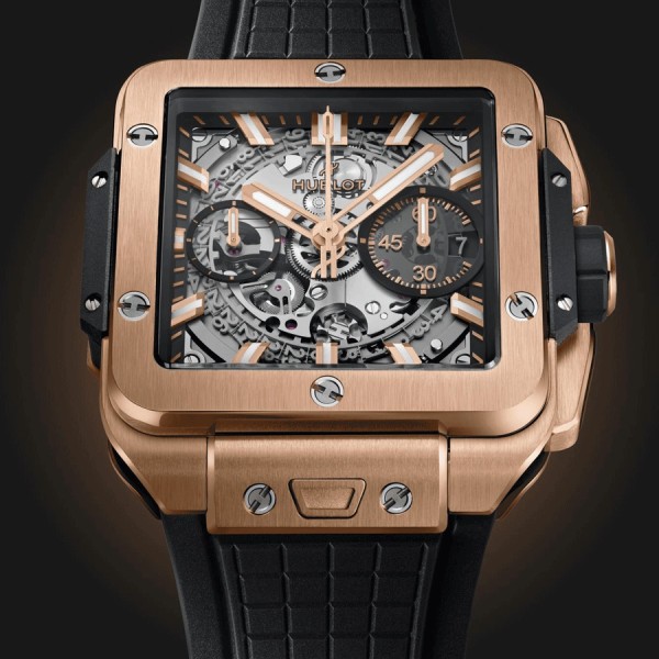 Hublot Square Bang Unico King Gold automatic watch skeleton dial black rubber strap 42 mm 821.OX.0180.RX