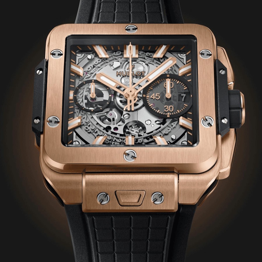 Hublot Square Bang Unico King Gold automatic watch skeleton dial black rubber strap 42 mm 821.OX.0180.RX