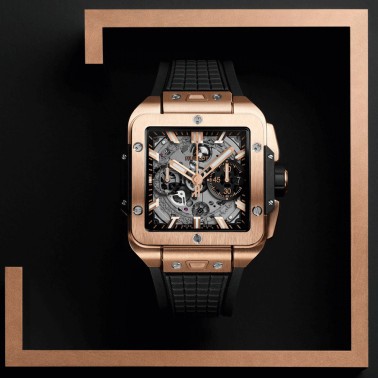 Hublot Square Bang Unico King Gold automatic watch skeleton dial black rubber strap 42 mm 821.OX.0180.RX