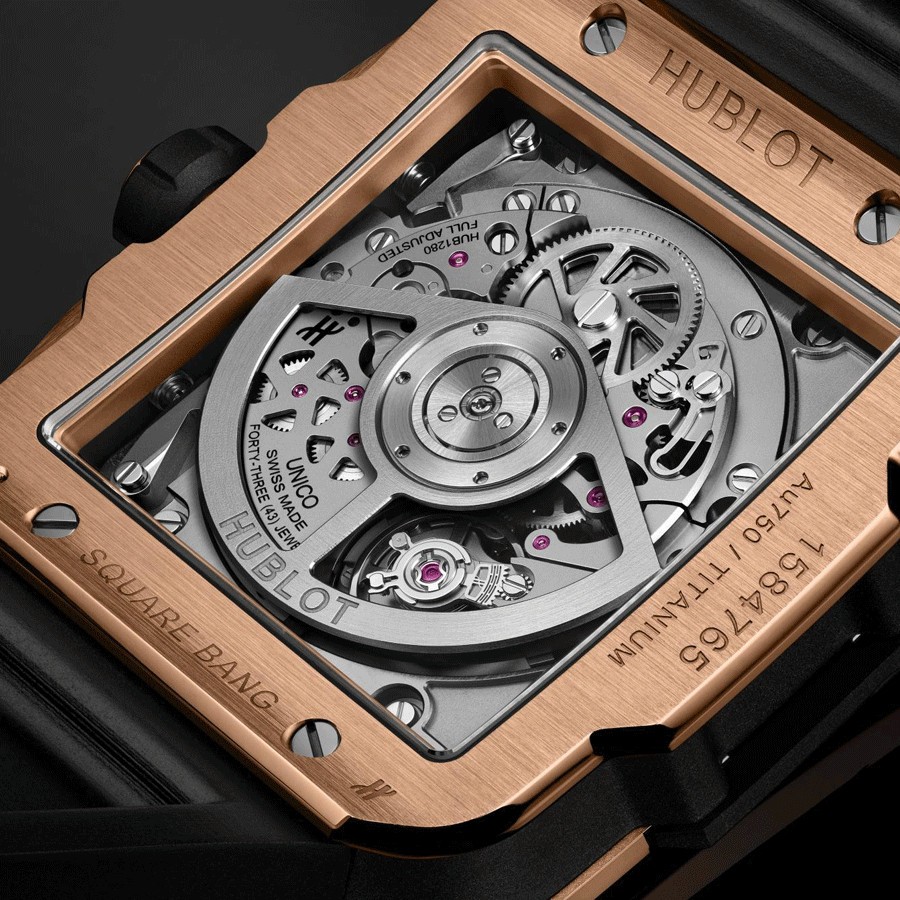 Hublot Square Bang Unico King Gold Ceramic automatic watch skeleton dial black rubber strap 42 mm 821.OM.0180.RX