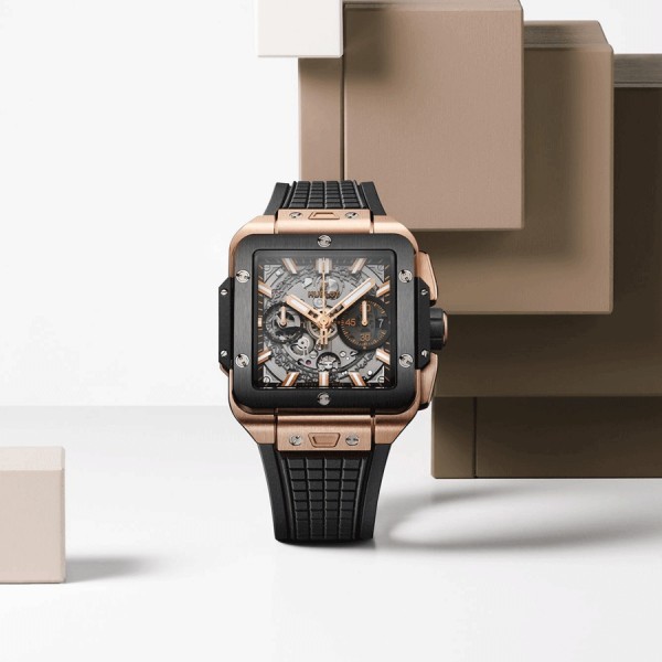 Hublot Square Bang Unico King Gold Ceramic automatic watch skeleton dial black rubber strap 42 mm 821.OM.0180.RX