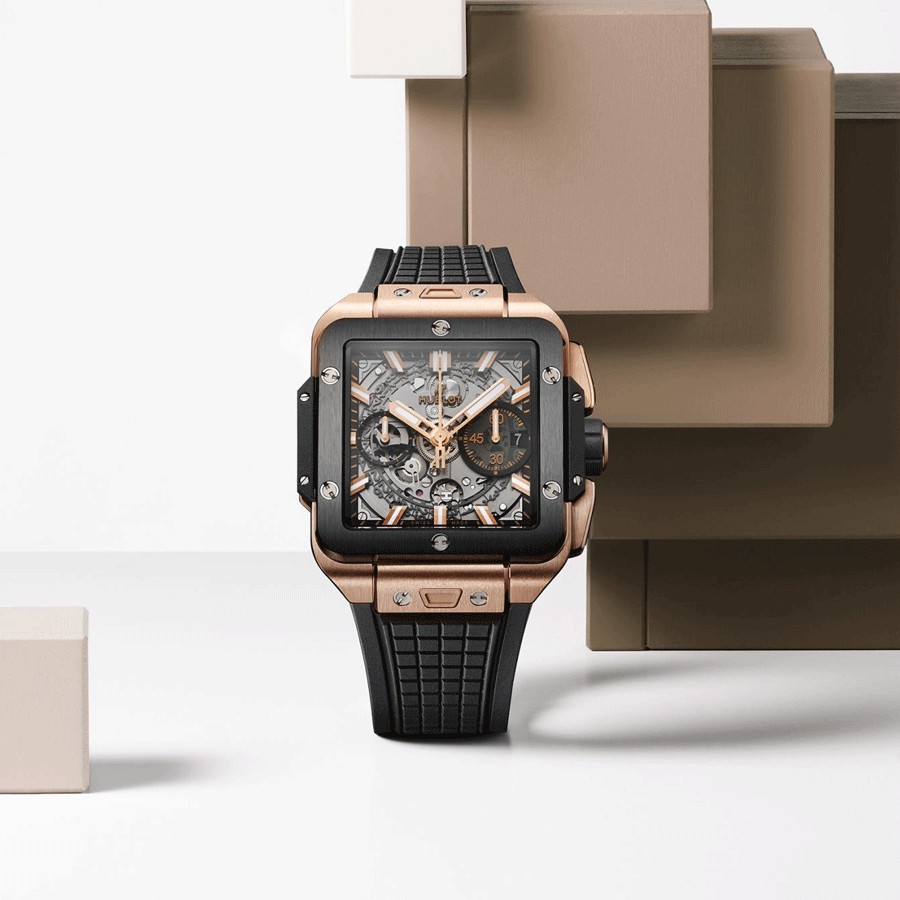 Hublot Square Bang Unico King Gold Ceramic automatic watch skeleton dial black rubber strap 42 mm 821.OM.0180.RX