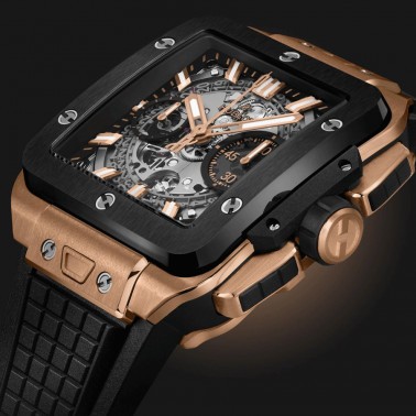 Montre Hublot Square Bang Unico King Gold Ceramic automatique cadran squelette bracelet caoutchouc noir 42 mm