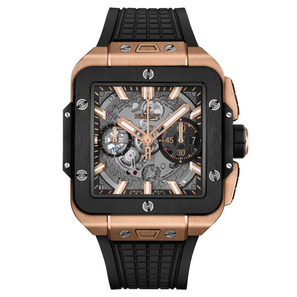 Montre Hublot Square Bang Unico King Gold Ceramic automatique cadran squelette bracelet caoutchouc noir 42 mm