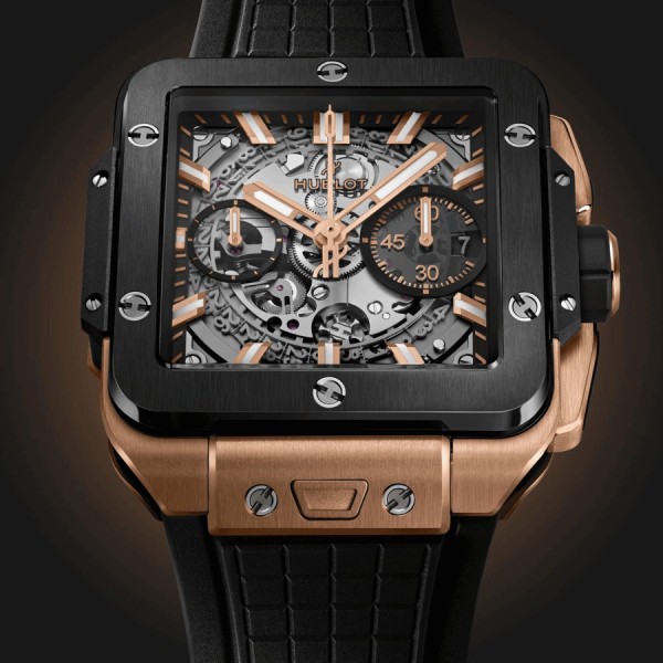 Hublot Square Bang Unico King Gold Ceramic automatic watch skeleton dial black rubber strap 42 mm 821.OM.0180.RX