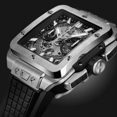 Hublot Square Bang Unico Titanium automatic watch with skeleton dial and black rubber strap 42 mm 821.NX.0170.RX