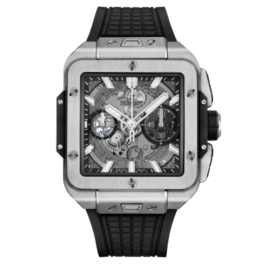 Hublot Square Bang Unico Titanium automatic watch with skeleton dial and black rubber strap 42 mm 821.NX.0170.RX