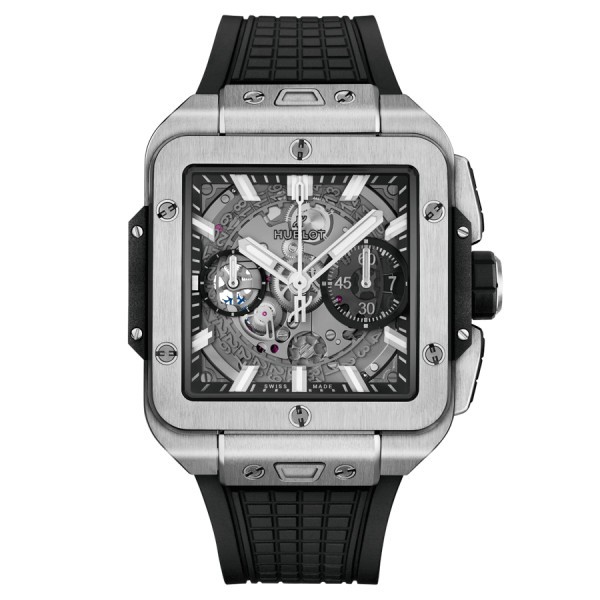 Montre Hublot Square Bang Unico Titanium automatique cadran squelette bracelet caoutchouc noir 42 mm