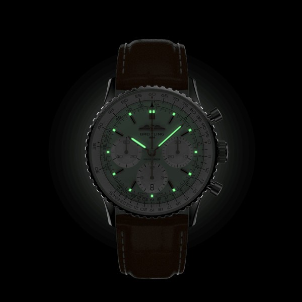 Breitling Navitimer automatic watch B01 Chronograph mint green dial brown leather strap 41 mm