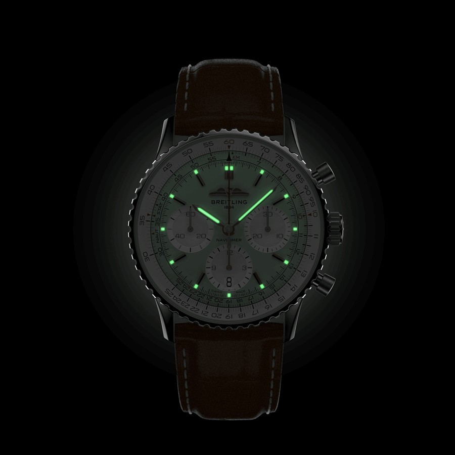 Breitling Navitimer automatic watch B01 Chronograph mint green dial brown leather strap 41 mm