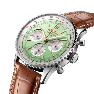 Breitling Navitimer automatic watch B01 Chronograph mint green dial brown leather strap 41 mm