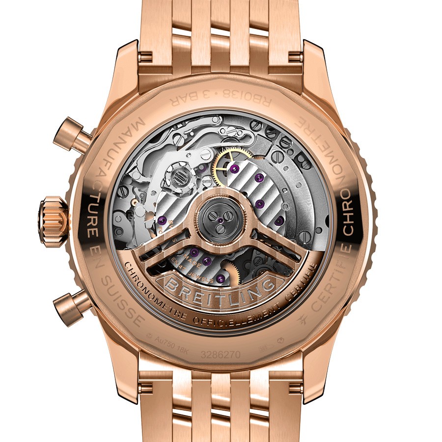 Montre Breitling Navitimer automatique Or Rose B01 Chronographe cadran noir bracelet or rose 43 mm RB0138211B1R1