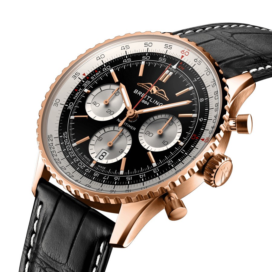 Breitling Navitimer automatic watch Rose Gold B01 Chronograph black dial black leather strap 43 mm