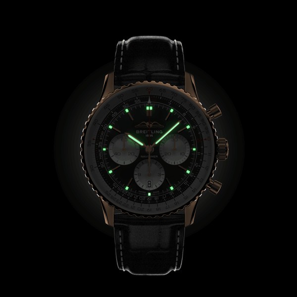 Breitling Navitimer automatic watch Rose Gold B01 Chronograph black dial black leather strap 43 mm